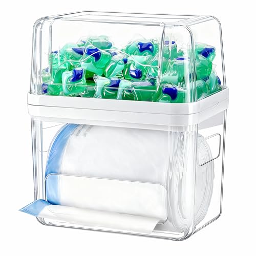 iCASA Trash Bag and Dishwasher Pod Dispenser - 3 in 1 Clear Storage Bins Holder for 13/30/33 Gallon Garbage Bags, Laundry Detergent Pods & Tabs, Under Sink Organizer for Kitchen and Laundry Room