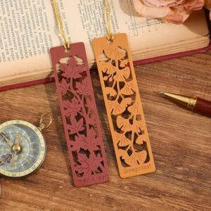icceemee 2pcs Wooden Bookmarks with Red Maple & Ginkgo Foliage Design - Autumn Themed Book Markers for Women, Men, Readers - Unique Gift for Book Lovers
