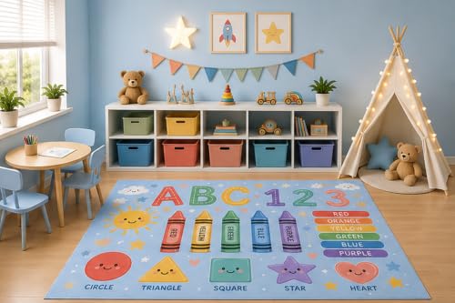 ICE Armor 5' x 7' ABC Numbers Colors Shapes Area Rug for Kids Playroom Nursery Bedroom, Educational Crayons Preschool Learning Classroom Cartoon Decor, Non-Slip Silicone Backing Low Pile
