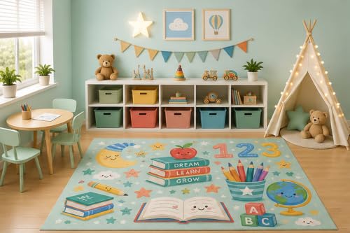 ICE Armor 5' x 7' Educational Learning Area Rug for Kids Playroom Nursery Bedroom, Dream Learn Grow Books ABC Blocks Numbers Globe Classroom Cartoon Decor, Non-Slip Silicone Backing Low Pile