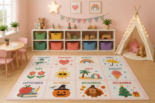 ICE Armor 5' x 7' Months of the Year Learning Area Rug for Kids Playroom Nursery Bedroom, Seasonal Calendar Educational Preschool Classroom Cartoon Decor, Non-Slip Silicone Backing Low Pile