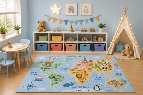 ICE Armor 5' x 7' World Map Area Rug for Kids Playroom Nursery Bedroom, Educational Continents Animals Geography Learning Classroom Cartoon Decor, Non-Slip Silicone Backing Low Pile