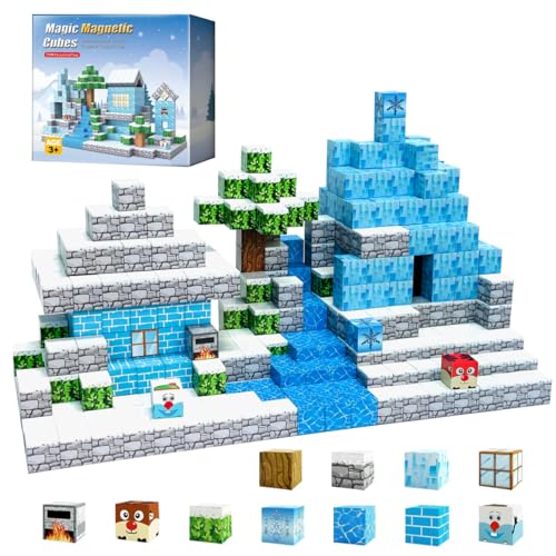 Ice Castle Magnetic Cubes 100PCS - Frozen Kingdom Themed Magnetic Blocks Set for Kids Ages 3+, STEM 3D Magnet Tiles Educational Construction Toys Sensory Montessori Stacking Blocks Gifts Girls Boys