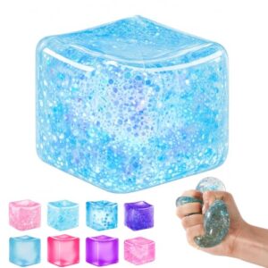 Ice Cube Squishy Fidget Toy, Slow Rise Squeeze Sensory Toy Stress Ball for Office Desk Anxiety Relief, Focus & Calm Novelty Gift for Teens-Sky Blue Glitter