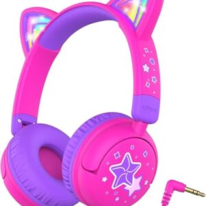 iClever Kids Headphones LED Light Up Cat Ear, 85dBA Safe Volume, Stereo Sound, 3.5mm Wired Kids Headphone for Travel/School, Foldable Toddler Headphones for iPad Tablets, Meow Lollipop-Pink