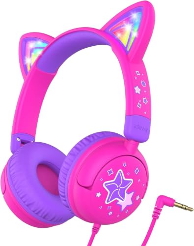 iClever Kids Headphones LED Light Up Cat Ear, 85dBA Safe Volume, Stereo Sound, 3.5mm Wired Kids Headphone for Travel/School, Foldable Toddler Headphones for iPad Tablets, Meow Lollipop-Pink