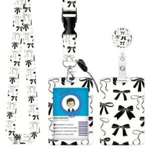 ID Badge Holder with Retractable Badge Reel, Lanyard and Keychain, Beige Floral Name Tag Card Holder with Carabiner Clip for Nurse, Teacher, Student and Office (Black Bow)