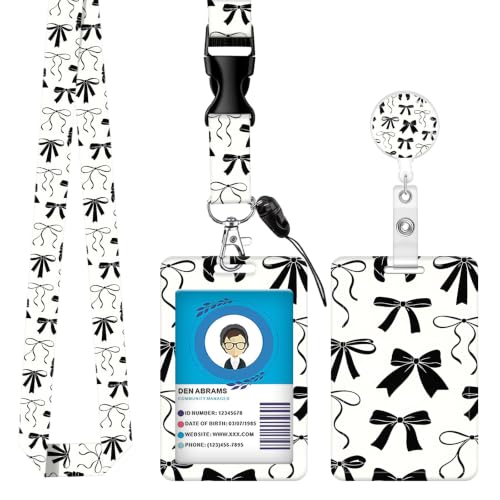 ID Badge Holder with Retractable Badge Reel, Lanyard and Keychain, Beige Floral Name Tag Card Holder with Carabiner Clip for Nurse, Teacher, Student and Office (Black Bow)
