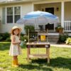 IDEA FAMILY Wooden Mud Kitchen, 7 in 1 Outdoor Pretend Play Kitchen with Umbrella,Removable Sink & Chalkboard, Cooking Accessories, Backyard Pretend Toy for Kids Aged 3-8
