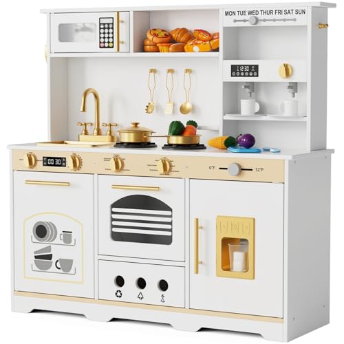 IdeaKey Wooden Play Kitchen, Kids Kitchen Playset with Realistic Lights and Sounds for Todllers, 35.8 Inches Large Toy Kitchen for Girls and Boys Ages 3+. White