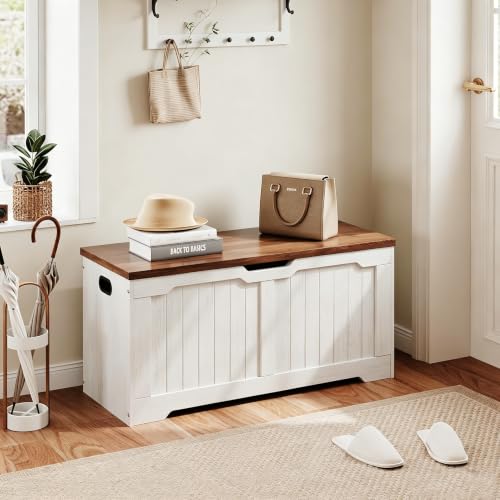 IDEALHOUSE Farmhouse Storage Bench, Storage Chest with 2 Safety Soft-Close Hinges, 15.7 x 39.4 x 18.9 Inch Entryway Bench, Multipurpose Ottoman Storage Cabinet for Entryway Bedroom Living Room