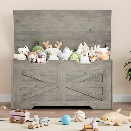 IDEALHOUSE Farmhouse Wooden Storage Bench, 39" Versatile Storage Chest with Soft Close Safety Hinges, Entryway Shoe Organizer, Blanket & Toy Box for Hallway, Bedroom or Living Room, Gray