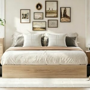 IDEALHOUSE King Bed Frame with 2 Storage Drawers, Wooden Bed Frame Without Headboard, Minimalist Floor Platform Bed, Wood Slat Support, Noise Free, No Box Spring Needed, Easy Assembly