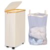 iEGrow Laundry Hamper with Lid, 75L Hamper with Wheels & Removable Bag, Slim Laundry Basket on Wheels with Bamboo Frame, Collapsible Rolling Clothes Hamper for Bedroom Dorm, Beige