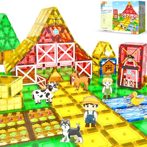 IGIVI Magnetic Tiles Farm Animals Toddler Toys, STEM Magnet Building Blocks for Kids Ages 3-5 5-7 4-8, Preschool Montessori Sensory Toys Gifts for 3+ Year Old Boys & Girls
