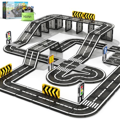 IGIVI Magnetic Tiles Road Toddler Toys, Magnet Building Blocks for Kids Ages 3-5 4-8, STEM Learning Construction Toys Games, Ideal Gifts for 3+ Year Old Boys Girls