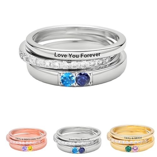 I Love You Forever - Personalized Stacking Birthstone Promise Ring, Personalised Birthstone Promise Ring for Couples, Customizable Engraved Name Rings for Women, wife, girlfriend