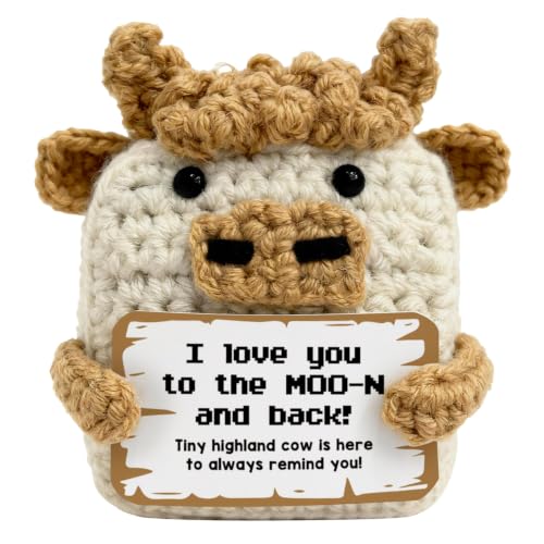 I Love You to the Moon and Back Crochet Highland Cow Gifts for Women Couples Girlfriend Mom, Handmade Emotional Support Pocket Gifts, Cute Desk Ornament for Anniversary Valentines Birthday Present