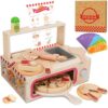 iLuckinSpri Wooden Pizza Toy Set for Kids, 68PCS Montessori Pretend Play Food Toys, Wooden Pizza Counter Playset with Bake Oven & Toy Dishes, Develop Imagination, Ideal Gift for Boys & Girls Aged 3+