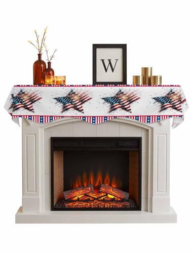 Independence Day Mantel Scarf for Fireplace Shelf Top, Patriotic American Flag Star Street Art Mantel Decorations Living Room Runner Scarves Cover for Christmas Thanksgiving Fall Mantle Decor 70"x17"