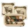 Indigo Hill by HiEnd Accents Highland Cow 3 Piece Sherpa Western Blanket Set, Vintage Grand Livestock Auction Print, Highland Cow Fleece Throw with Matching Western Pillows, 1 Throw and 2 Pillows