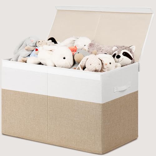 INDRESSME Large Toy Box with Lid, Collapsible Toy Storage Organizer Chest with Divider, Foldable Toy Bin for Kids Boys Girls Playroom Nursery Bedroom Living Room 25"x16"x13" (Beige & White)