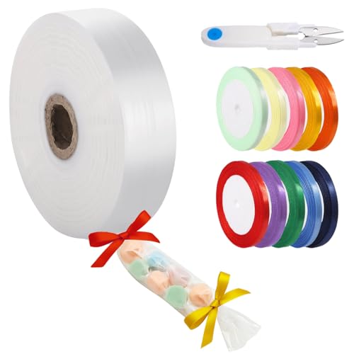 Industrial Flat Poly Tubing Roll Set, 2 in Wide PE Plastic Poly Tubing Roll, 984 ft Clear Poly Bag Film with 10 Ribbon Rolls and Scissors, for Food Packaging, Electronic Parts, Accessories