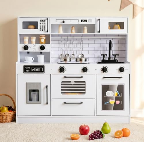 INFANS Kids Kitchen Playset, Wooden Pretend Play Kitchen with Realistic Light Sound, Toddler Cooking Toy for Boys Girls Aged 3+ (White)