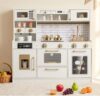 INFANS Kids Kitchen Playset, Wooden Pretend Play Kitchen with Realistic Light Sound, Toddler Cooking Toy for Boys Girls Aged 3+ (Light Beige)