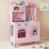 INFANS Kids Kitchen, Wooden Pretend Playset with Adjustable Heights Realistic Sounds Ice Maker Microwave Oven, Toddler Cooking Toy Gift for Boys Girls Aged 3+