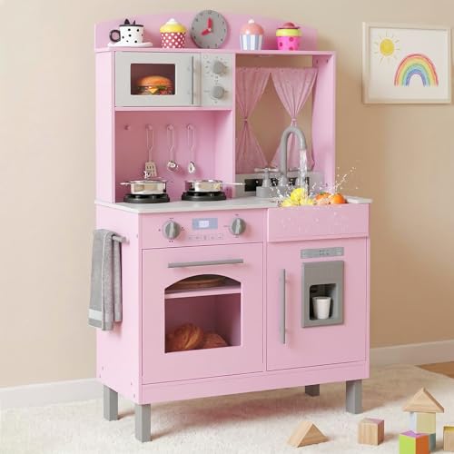INFANS Kids Kitchen, Wooden Pretend Playset with Adjustable Heights Realistic Sounds Ice Maker Microwave Oven, Toddler Cooking Toy Gift for Boys Girls Aged 3+
