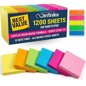Infiniko Sticky Notes 3x3 (12 Pads / 1200 Sheets) – 2026 Improved Adhesive, Very Very Sticky & Bright Neon Colors – Perfect for School, Office & Desk Supplies