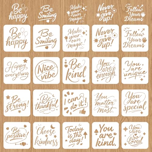 INFUNLY 20 Pcs Inspirational Quote Stencil 7.87x7.87 Inch/20x20cm Motivational Word PET Wall Stencil Reusable Emotional Text Template for DIY Wood Sign Canvas Tote Bedroom Decor