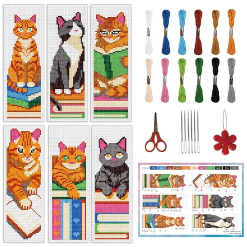 INFUNLY 6 Pcs Cat Books Cross Stitch Bookmark Kit 3x8.5 Inch DIY Embroidery Bookmark Starter Kit for Adults with Pre Printed Orange and Grey Cat Books Pattern Felt Backing Floss for Book Lovers Gift