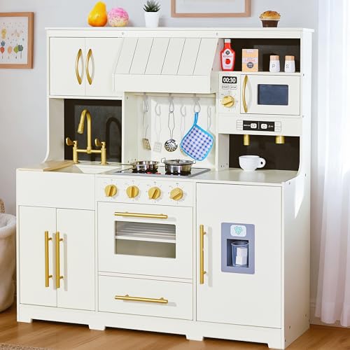 inFUNSAME Wooden Play Kitchen for Kids with Lights and Sounds,19 Accessories,Modern Design Upgraded Interactive Pretend Toddler Toy Kitchen PlaySet, Gift for Boys & Girls Ages 3+ (Cream White)