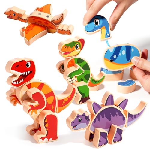 INIFEIDALA Magnetic Wooden Dinosaur Building Blocks,Take Apart STEM Montessori Educational Toy,Fine Motor Skills Development Ages 3-6,Hand-Eye Coordination