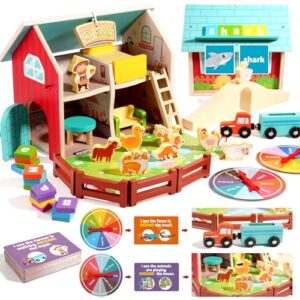INIFEIDALA Montessori Farm Dollhouse for Toddlers 3-5, Wooden Farm Animals Playset for Storytelling, Pretend Play & Language Development