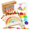 INIFEIDALA Montessori Toys for 3 4 5 Year Old,Stacking Blocks,Lacing Beads & Shape Stacker,Wooden Beads Sequencing Toy Set,Fine Motor Skills & STEM Preschool Learning Gifts for Toddlers Boys & Girls