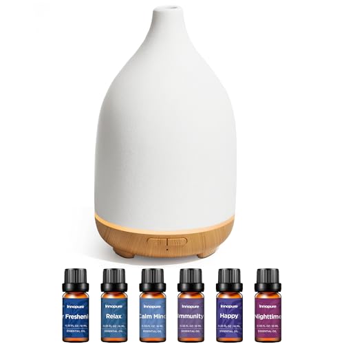 InnoGear Ceramic Stone Diffuser & 6 Essential Oils Set, 150ml Handcrafted Ceramic Essential Oil Diffuser for Home Scent Gift for Mom, Aromatherapy Essential Oils for Humidifier