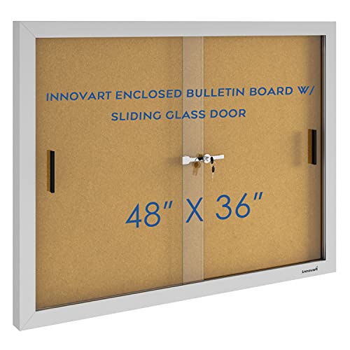 INNOVART Enclosed Bulletin Board 48” x 36”, Lockable Cork Noticeboard with Silver Aluminum Frame, Outdoor Enclosed Bulletin Board Weatherproof, Wall Display Case with Sliding Glass Door