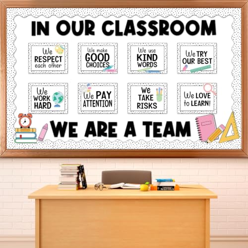 in Our Classroom We are A Team Bulletin Board Set Black and White Polka Dot Borders Positive Accent Cutouts Motivational Teamwork Classroom Decorations for Back to School Wall Decor Teacher Supplies