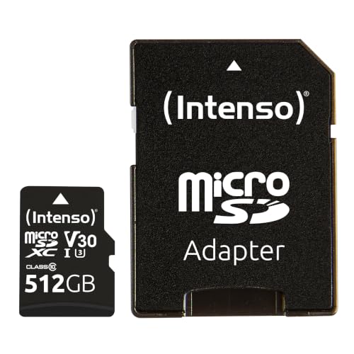 Intenso Professional microSDHC 512GB Class 10 UHS-I, U3, V30 Memory Card with SD Adapter for 4K Recordings, GoPro, Insta 360, DJI, Osmo, Steam Deck, Drone, Action Camera, Black