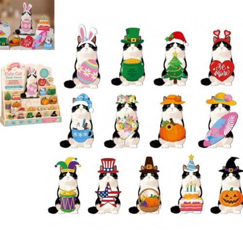 Interchangeable Seasonal Animal Wooden Decor Set, Cute Cat Desk Wooden Sign with Magnetic Hats, Funny Holiday Desk Decor, Magnetic Animal Tabletop Stand for Office Home Classroom