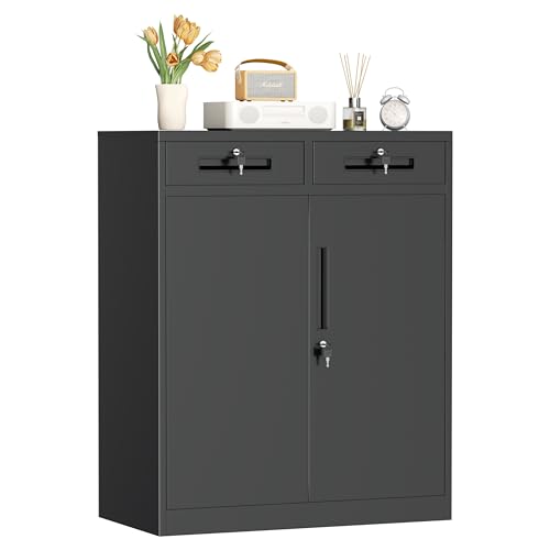 INTERGREAT Metal Garage Storage Cabinets with Lock,Steel Storage Cabinet with Drawer and 2 Adjustable Shelves, Small Lockable Office Steel Cabinet for Home, Warehouse, School, Black