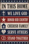 in This Home We Love God Wooden Jigsaw Puzzle 500 Pieces for Adults Patriotic Christian Home Values with Cross and American Flag Stripes Inspirational Art Gift for Family Game Home Decor