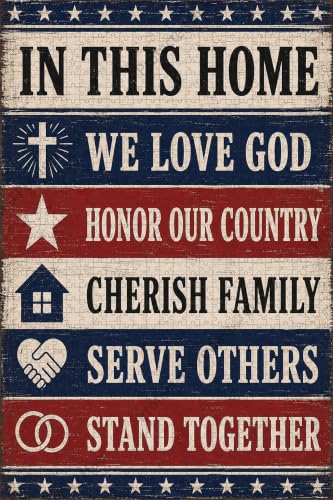 in This Home We Love God Wooden Jigsaw Puzzle 500 Pieces for Adults Patriotic Christian Home Values with Cross and American Flag Stripes Inspirational Art Gift for Family Game Home Decor