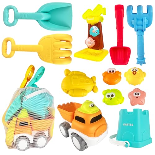 IOKUKI Sand Toys with Mesh Bag Including Dump Truck, Sand Water Wheel, Beach Buckets, Shovels, Rakes, Molds, Outdoor Beach Toys Tool Kit for Kids, Toddlers, Boys and Girls (13 PCS) Age 3+