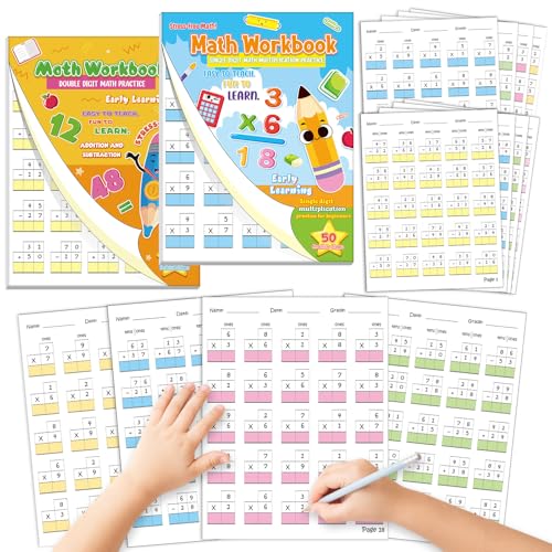 Ireer 2 Pcs One Page a Day Single Digit Multiplication & Double Digit Addition and Subtraction Math Problem Workbook for Grades 2-3, Just Tear Out a Page Each Day for Repetitive Math Practice