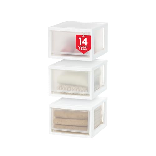 IRIS USA 14.5 Qt. Plastic Drawer Storage Organizer Stacking Drawers, 3-Pack, Stackable Unit with Sliding Drawer for Clothes Bedroom Kitchen Under Sink Pantry Craft Room Bathroom Dorm Office, White