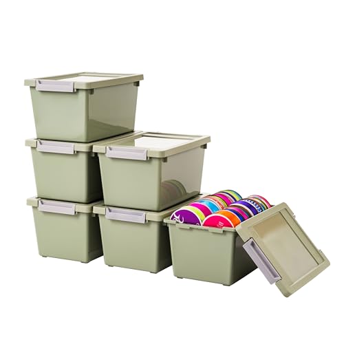 IRIS USA 4 Qt. Craft Storage Bins with Lids, 6-Pack, |Made in USA|, Clip Box, Small Plastic Sensory Bin Tote Organizer Containers for Art Supplies, Paper, & Office, Stackable - Sage Green